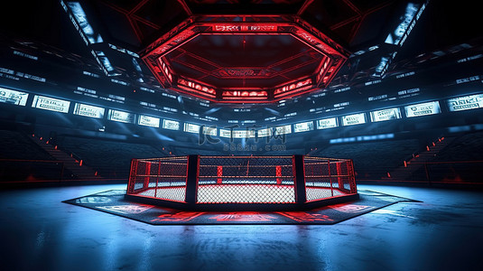 少儿搏击格斗写真背景图片_发光的 MMA 八角形 3D 惊心动魄的格斗之夜锦标赛