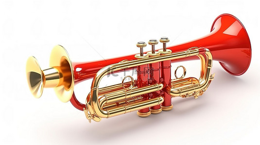 卡通风格的喇叭乐器，金色和红色 3D 插图设置在白色背景下