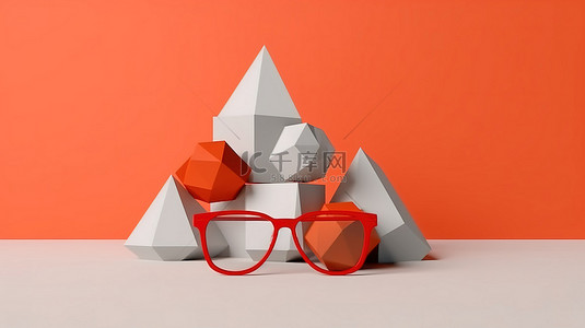 眼镜形状背景图片_干净的白色背景上极简主义 3D 眼镜和几何形状的艺术展示