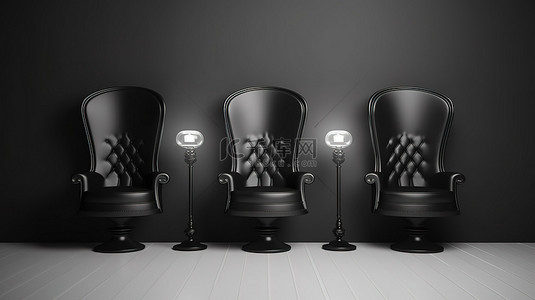 黑色椅子背景图片_3D 渲染舞台上四把光滑的黑色躺椅和深色讲台之间的空平台