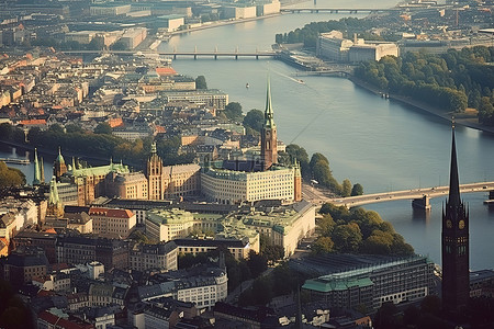 欧洲背景图片_一座水资源丰富的城市的鸟瞰图