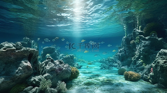 自由空间计算机生成的水下花岗岩岩石景观 3D 插图