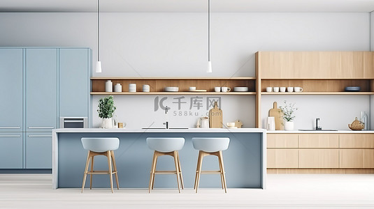 家居背景蓝色背景图片_舒适的现代厨房的 3D 渲染，以蓝色椅子作为家庭室内背景模型
