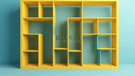 3d 渲染中带有空书架的黄色和蓝色墙壁的极简主义概念