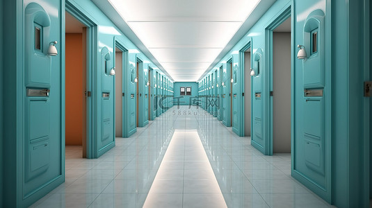 门地板背景图片_具有多个门的宽敞走廊的 3D 内部可视化