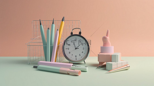 书笔背景图片_柔和的背景，带有 3D 渲染笔和记事本，并配有闹钟和购物车