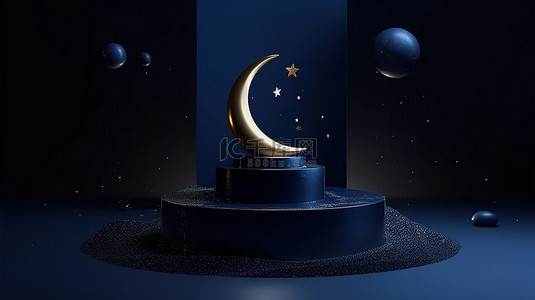 3d 广告台以月亮星星和夜间产品呈现插图