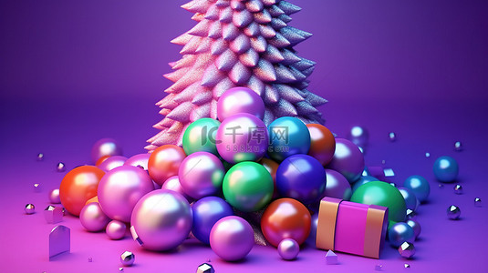 充满活力的圣诞装饰彩色球和化妆品包装在丝带 3D 渲染中