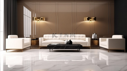 室内场景 3D 渲染图，展示了带有光泽饰面的白色和棕色三人座双色调沙发