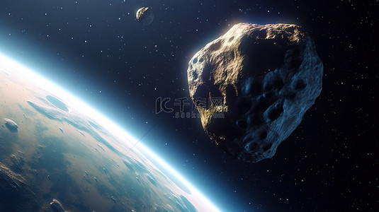 一颗小行星冲向地球的 3D 渲染