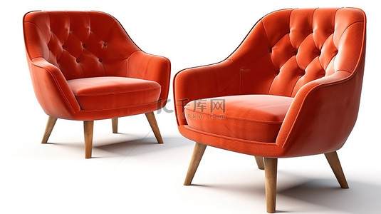回家红色背景图片_3D 渲染白色背景的当代红色扶手椅时尚而充满活力的座椅选择，配有木腿