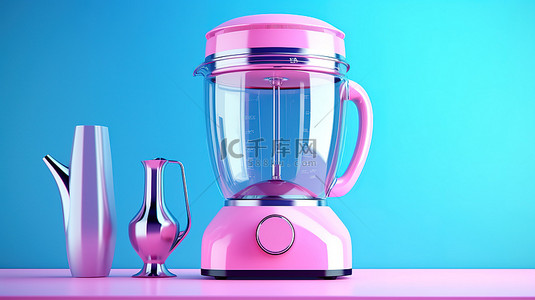 蓝色罐子背景图片_电动粉色搅拌机概念现代厨房用具，在蓝色背景上呈现引人注目的双色调风格 3D