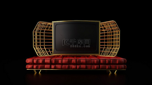 3d 渲染中的金色电视放置在黑色背景下闪亮的路障之间的红色垫子上