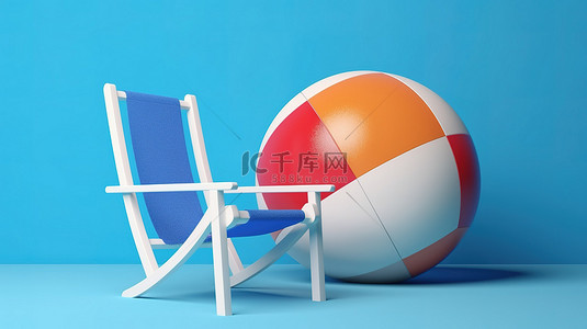 充满活力的沙滩球和简约的白色和蓝色躺椅在蓝色背景下的 3D 渲染