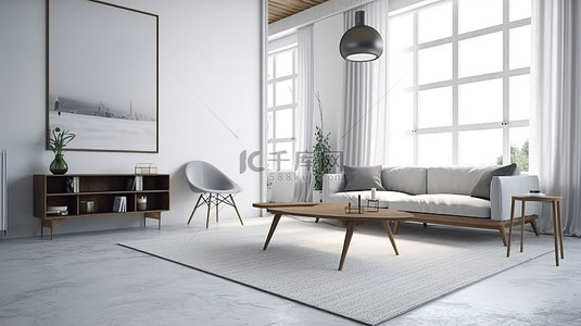 空房间地毯背景图片_3d 渲染中的桌子和地毯装饰着白色客厅