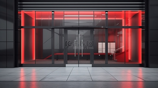 时尚简约的店面设计黑色铝和玻璃与大胆的红色地板 3D 渲染