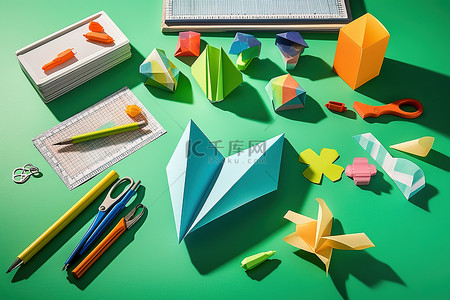折纸飞机背景图片_用折纸蜡笔和剪刀制作的纸飞机