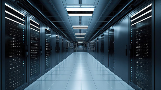 数据中心卡通背景图片_走廊中数据中心服务器机架的 3D 插图