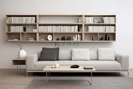 风格小背景图片_沙发是灰色的，靠近书架