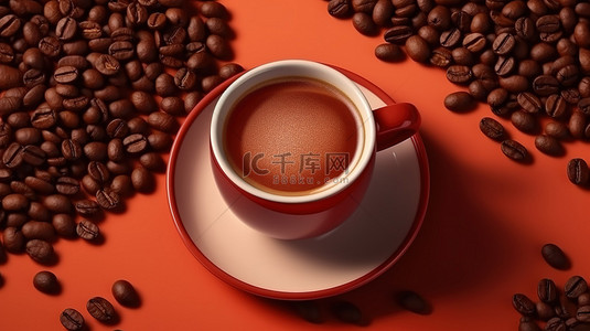 咖啡杯和逼真的豆子 3D 渲染平躺背景
