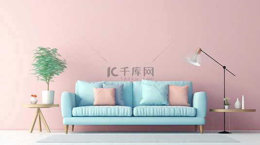 浅蓝色沙发背景图片_简约客厅中优雅的浅蓝色沙发和木桌的 3D 渲染，靠在柔和的粉红色墙壁上