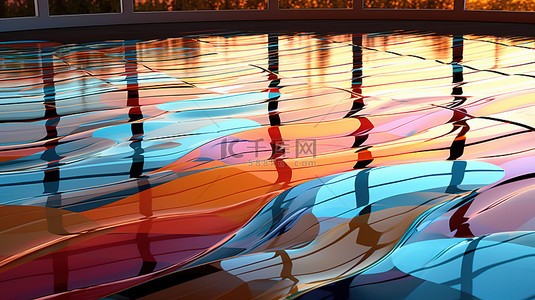 七彩色彩背景图片_玻璃砖地板反射彩色抽象曲线的 3D 渲染