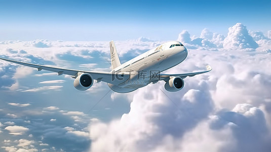 商务科技插图背景图片_一架商用飞机在浓云中翱翔的鸟瞰图 3D 插图