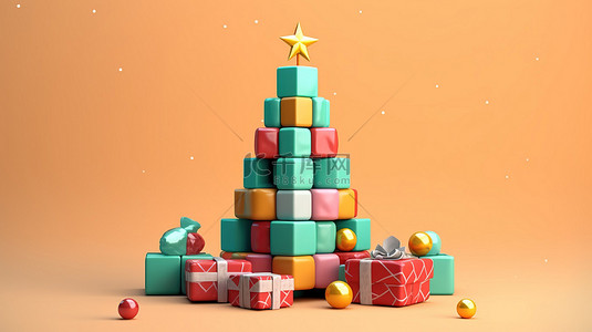 节日圣诞树的 3D 插图，配有礼物和快乐的愿望