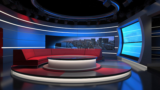 新闻虚拟室背景图片_虚拟现实中新闻工作室的 3d 渲染