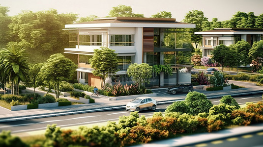 城市房屋建筑与风景优美的环境 3d 渲染