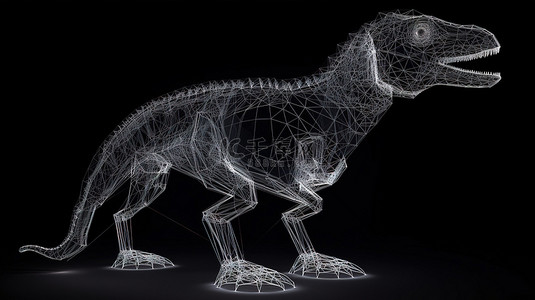 3d 线框渲染中的多边形恐龙独自站在黑色背景上