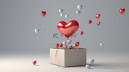 玫瑰金玫瑰背景图片_情人节主题 3d 渲染的礼品盒，里面有一个爱心气球