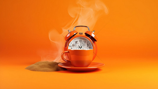 在充满活力的橙色背景 3d 渲染上醒来咖啡闹钟杯