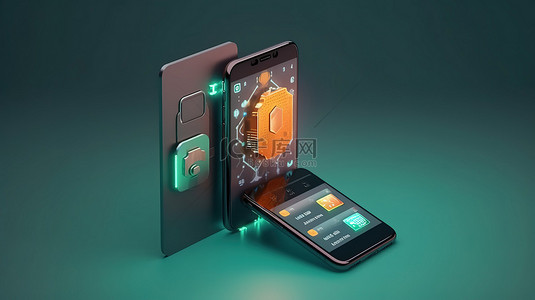 货币安全背景图片_显示锁定屏幕和加密货币交换背景下设置的银行卡的智能手机的 3D 渲染