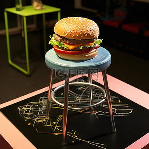 小凳子上有一个汉堡，上面有粉笔字