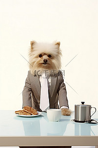 一只狗在助理旁边摆姿势，一杯咖啡和一些零食