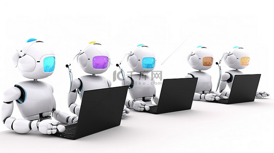 在自动背景图片_可爱的机器人团队在白色背景下隔离在办公自动化概念中，使用 3D 渲染与计算机笔记本一起工作