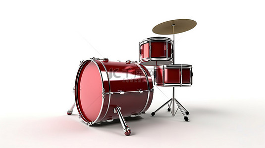 干净的白色背景 3D 渲染图像上充满活力的红色低音鼓和鼓棒