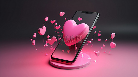 在线约会应用程序 3d 手机渲染图，带有心形符号和关系图标