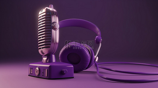 3d 紫色环境中的老式耳机和麦克风