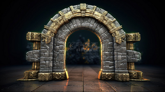 中世纪大门背景图片_带有中世纪石块和金属格子拱门的城堡门的 3D 渲染