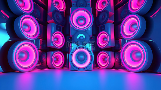 夜店背景图片_在带有蓝色和粉色灯光的网络风格空间中对受音乐启发的扬声器系统进行 3D 渲染