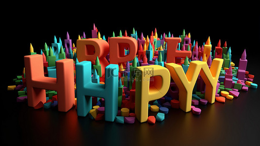 生日快乐在 3D 渲染中用彩色形状和白色字母拼写