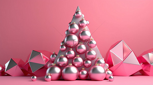 粉红色背景上的几何金属圣诞树抽象 3D 渲染