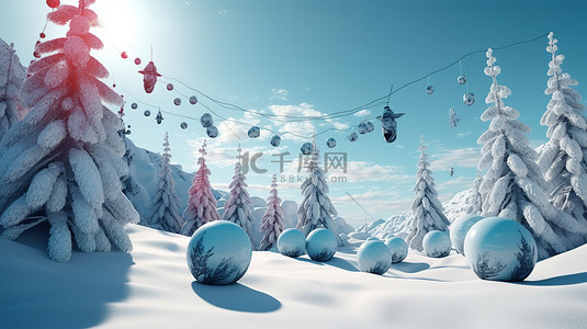节日的 3D 冬季仙境与令人眼花缭乱的圣诞饰品