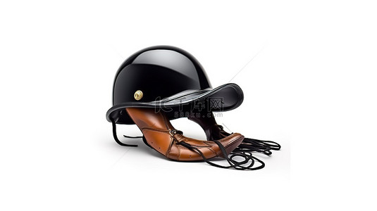 3d 渲染的骑行套件在白色背景上隔离头盔马鞍和鞭子