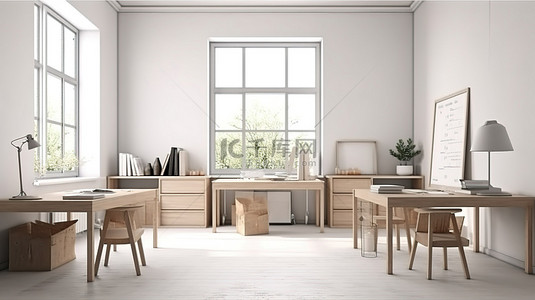 教室 3D 渲染的室内设计，前面有桌子，模型显示在白色屏幕上