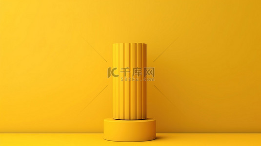 黄色背景抽象讲台柱上的简约胜利基座，具有 3D 渲染和文本空间