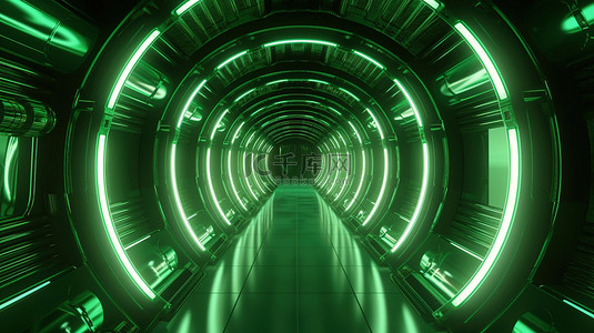 超高清发光绿色空间隧道的 3D 插图