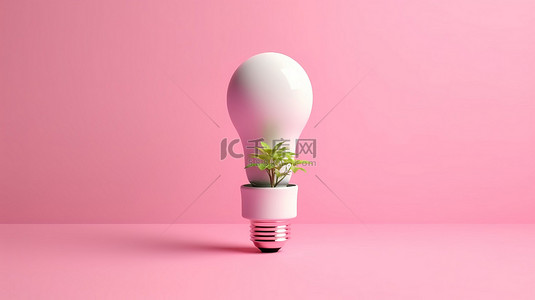 灯泡插画背景图片_粉红色背景上从花盆中萌芽的灯泡的 3D 概念化创新理念